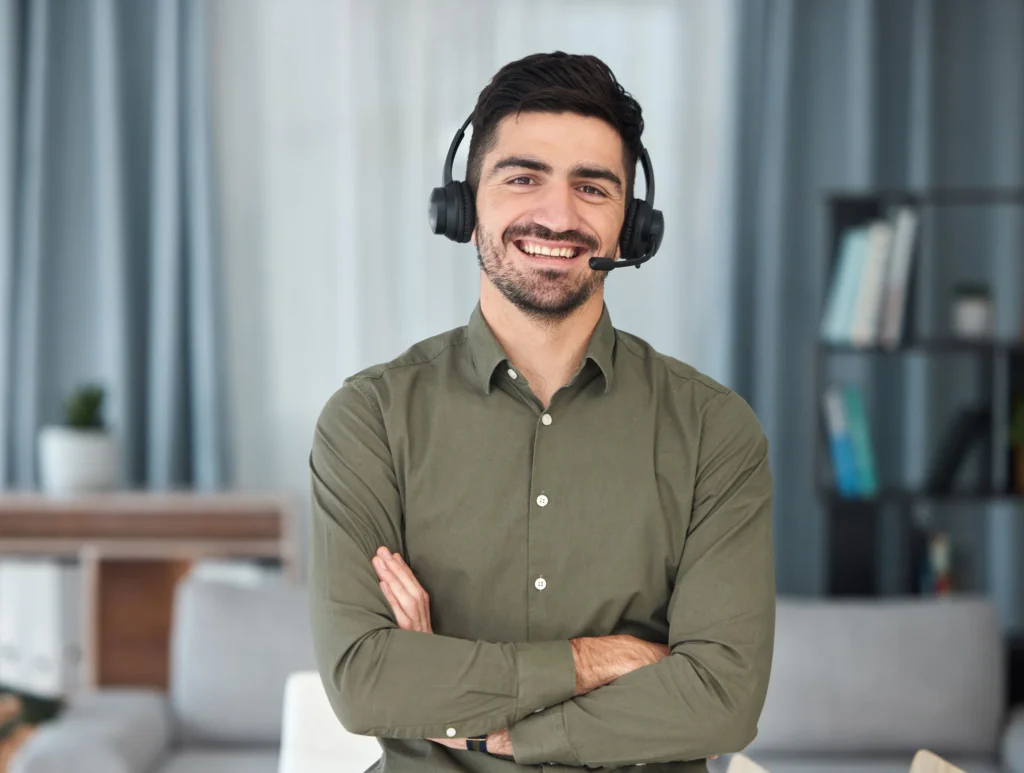 man portrait and microphone for working in home o 2